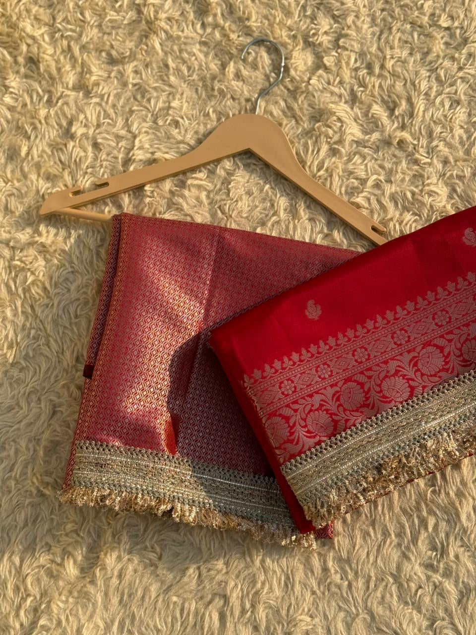 Soft Silk Saree In Red with Lace Work