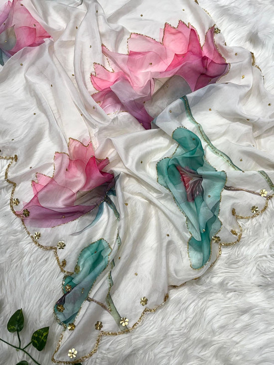 Pure Soft tibby silk fabric saree  with floral work