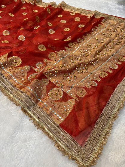 Metallic Banarasi Soft Glass Tissue Saree x Ghungroo Handwork x Lacework x Mirror & Moti Handwork
