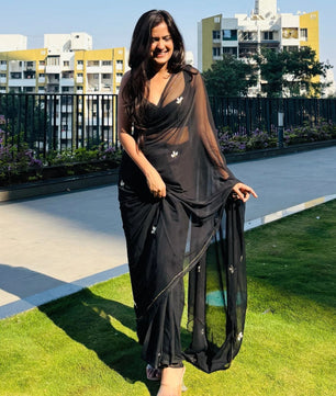 SOFT GEORGETTE DINNER SAREE WITH HANDWORK CUT DANA LEAF WITH SILVER CUT DANA HANDWORK