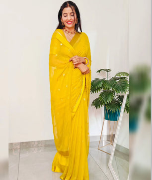 Premium Satin Patta Pure Viscose Georgette Saree with Sequins Butti & Designer Contrast Blouse