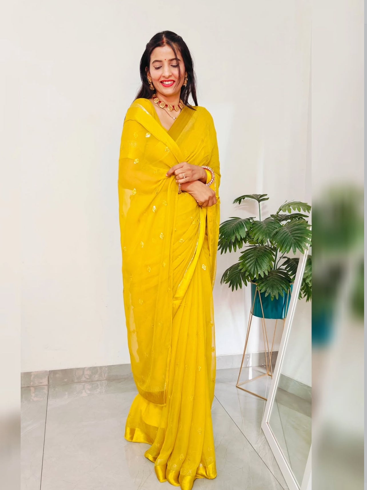 Premium Satin Patta Pure Viscose Georgette Saree with Sequins Butti & Designer Contrast Blouse