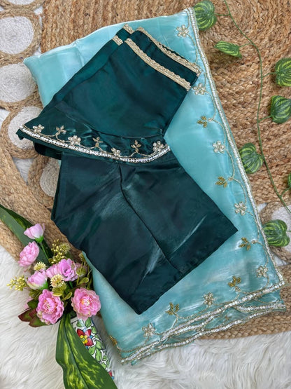 Very Soft nd Elegant Rich look Rimzim Silk fabric with beautiful hand work khatli cutdana heavy border