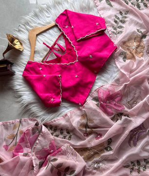 Tabby Silk Rose Print Peachy Pink Sari