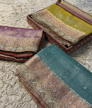 Soft Glass Tissue Banarasi *HandworkStone, Mirror and *Heavy Handwork* Lace Work Saree