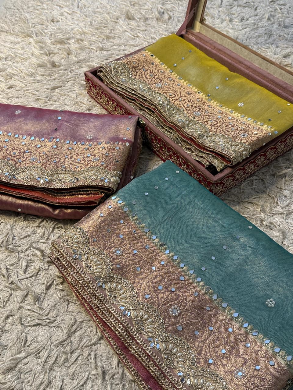 Soft Glass Tissue Banarasi *HandworkStone, Mirror and *Heavy Handwork* Lace Work Saree
