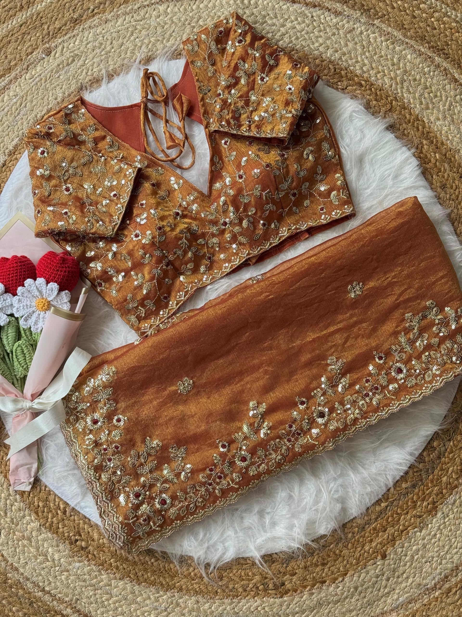 Soft Fendy Chiffon Saree With Heavy Embroidery Sequins And Thread Work All Over The Saree And Scallop Border*