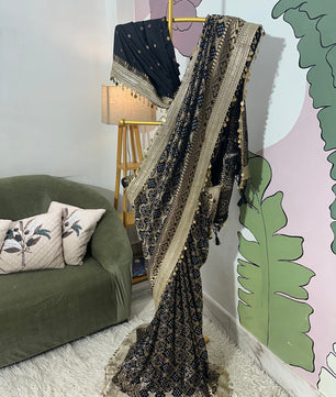 Black Designer Georgette Katan Silk Saree with Gota Patti and Coin lace