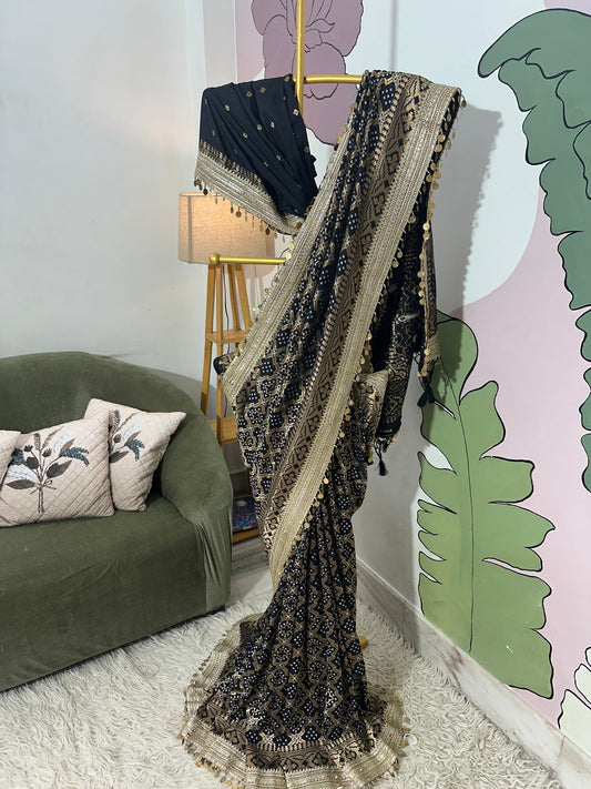 Black Designer Georgette Katan Silk Saree with Gota Patti and Coin lace