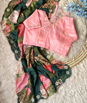 Fancy  Chinnon Silk Saree with floral print