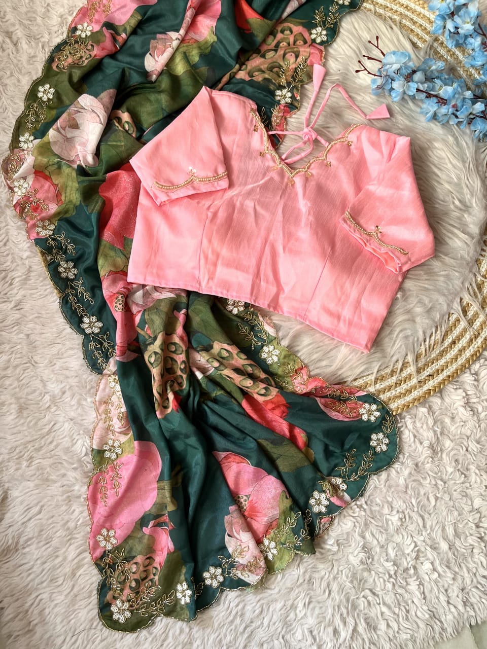 Fancy  Chinnon Silk Saree with floral print