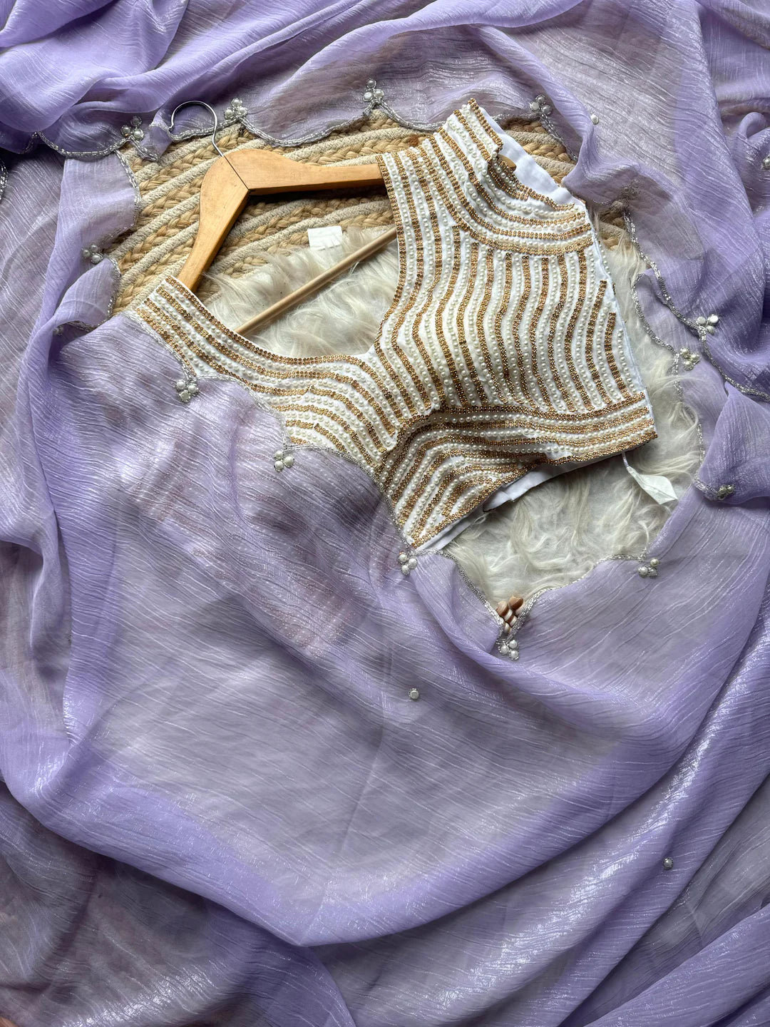 Crush Slik Sari With Stiched Blouse Fully Handwork Include Pearl