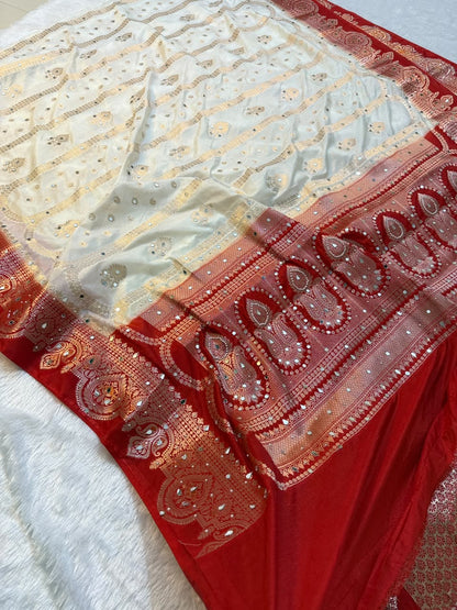 Most Demanded Handwork Banarasi Semi khaddi Katan Georgette Soft Silk Saree With Mirror & moti Handwork
Designer Rich Pallu
