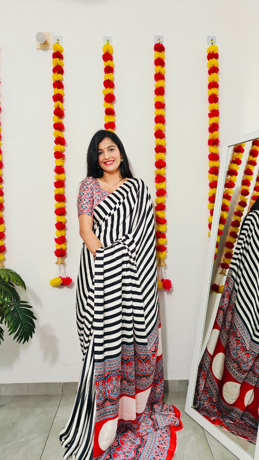 New Ajrakh satin silk saree