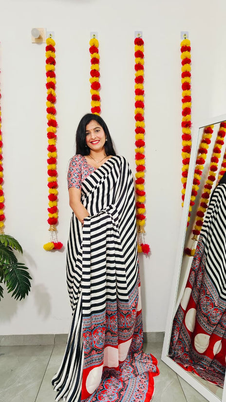 New Ajrakh satin silk saree