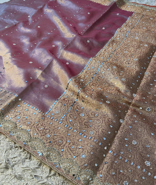 Soft Glass Tissue Banarasi *HandworkStone, Mirror and *Heavy Handwork* Lace Work Saree