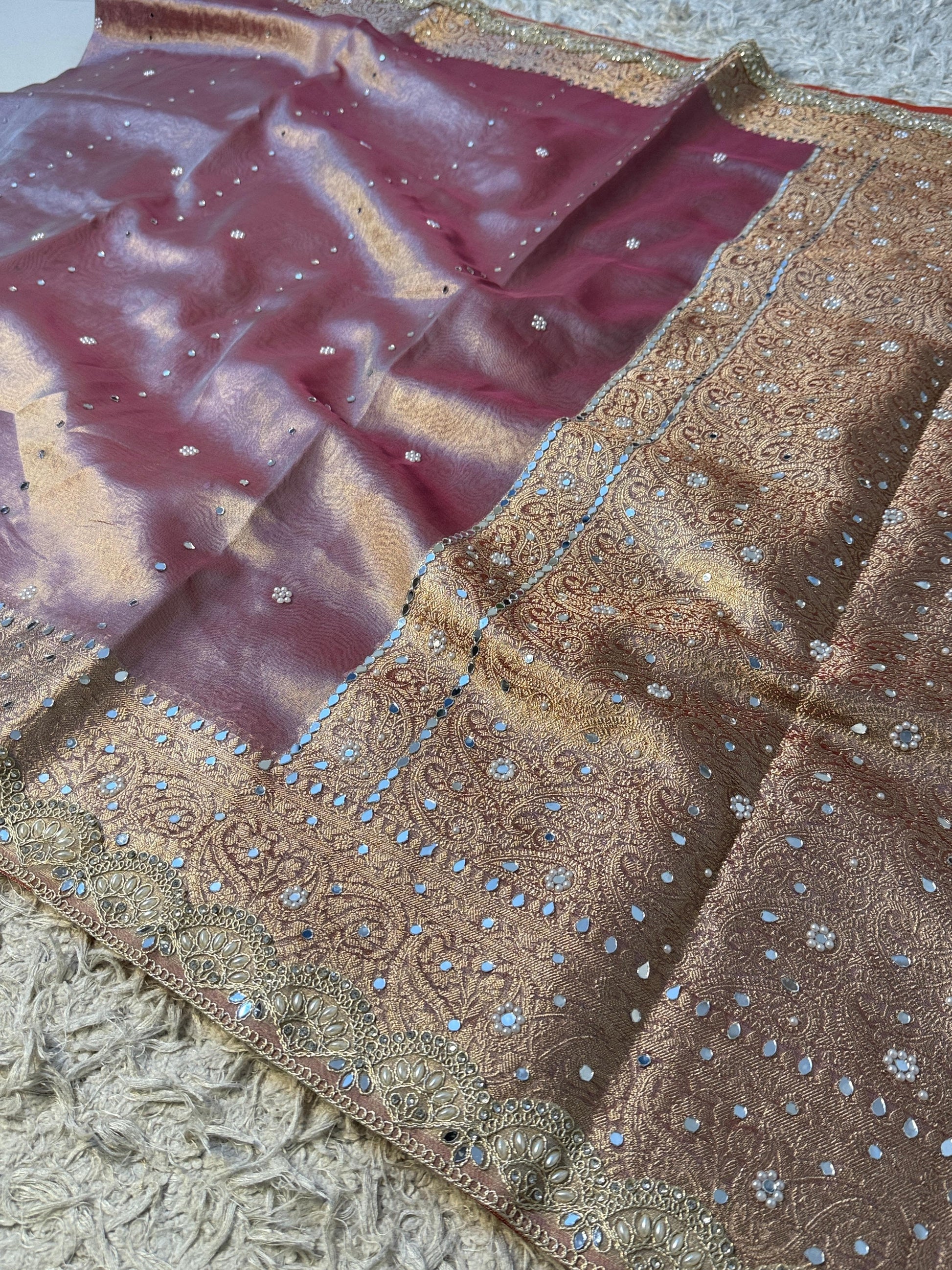Soft Glass Tissue Banarasi *HandworkStone, Mirror and *Heavy Handwork* Lace Work Saree