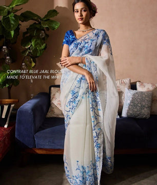 Present a new trending floral handwork saree collection