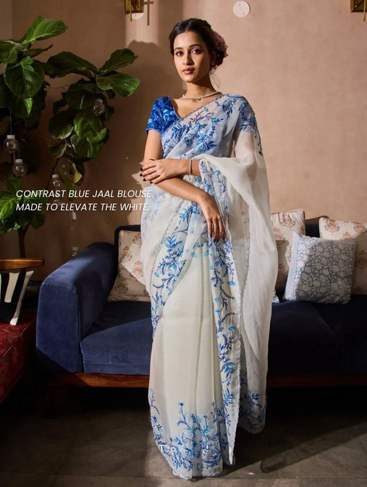 Present a new trending floral handwork saree collection