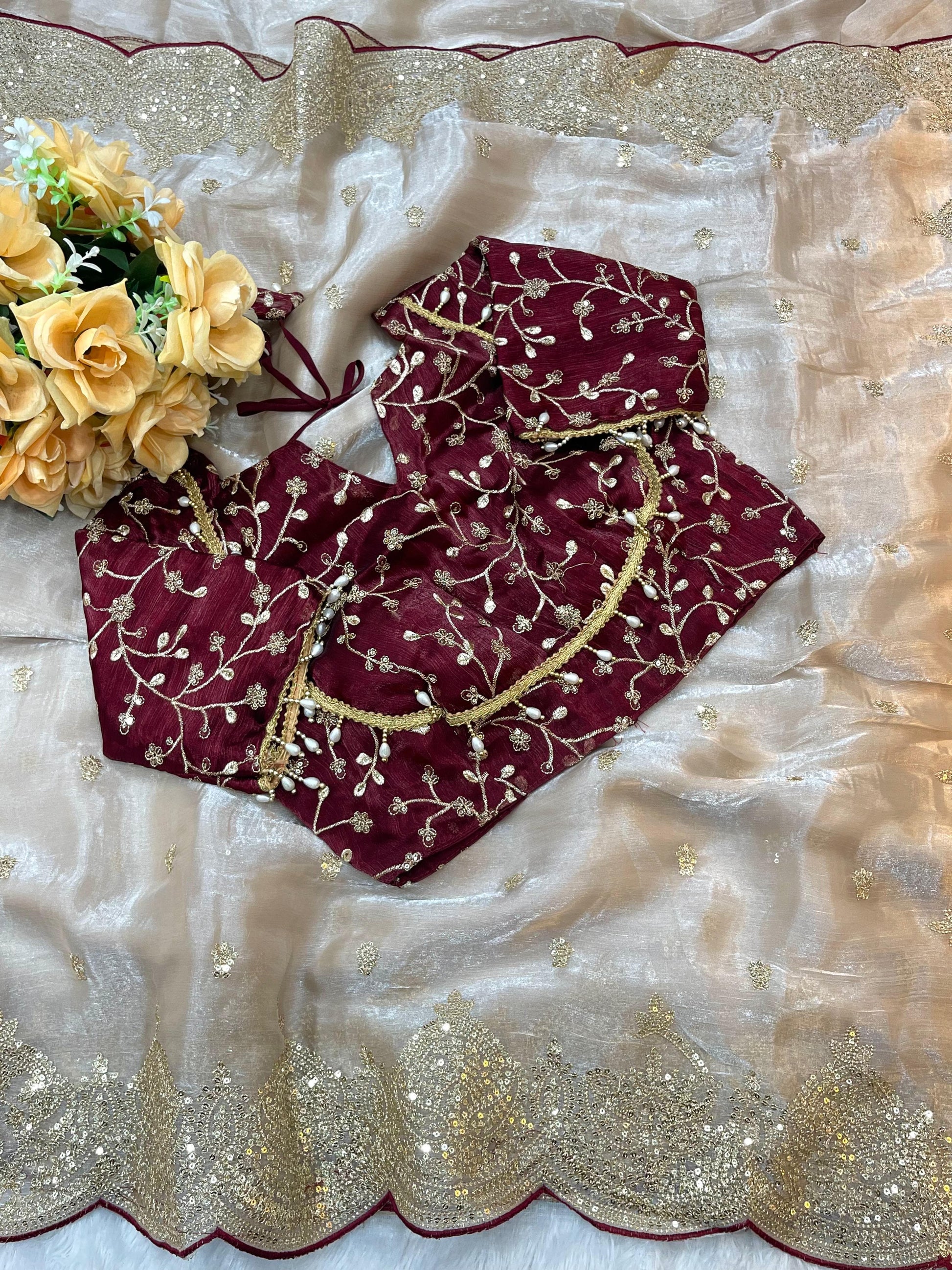 Pure Soft fendy chiffon saree with stitched blouse