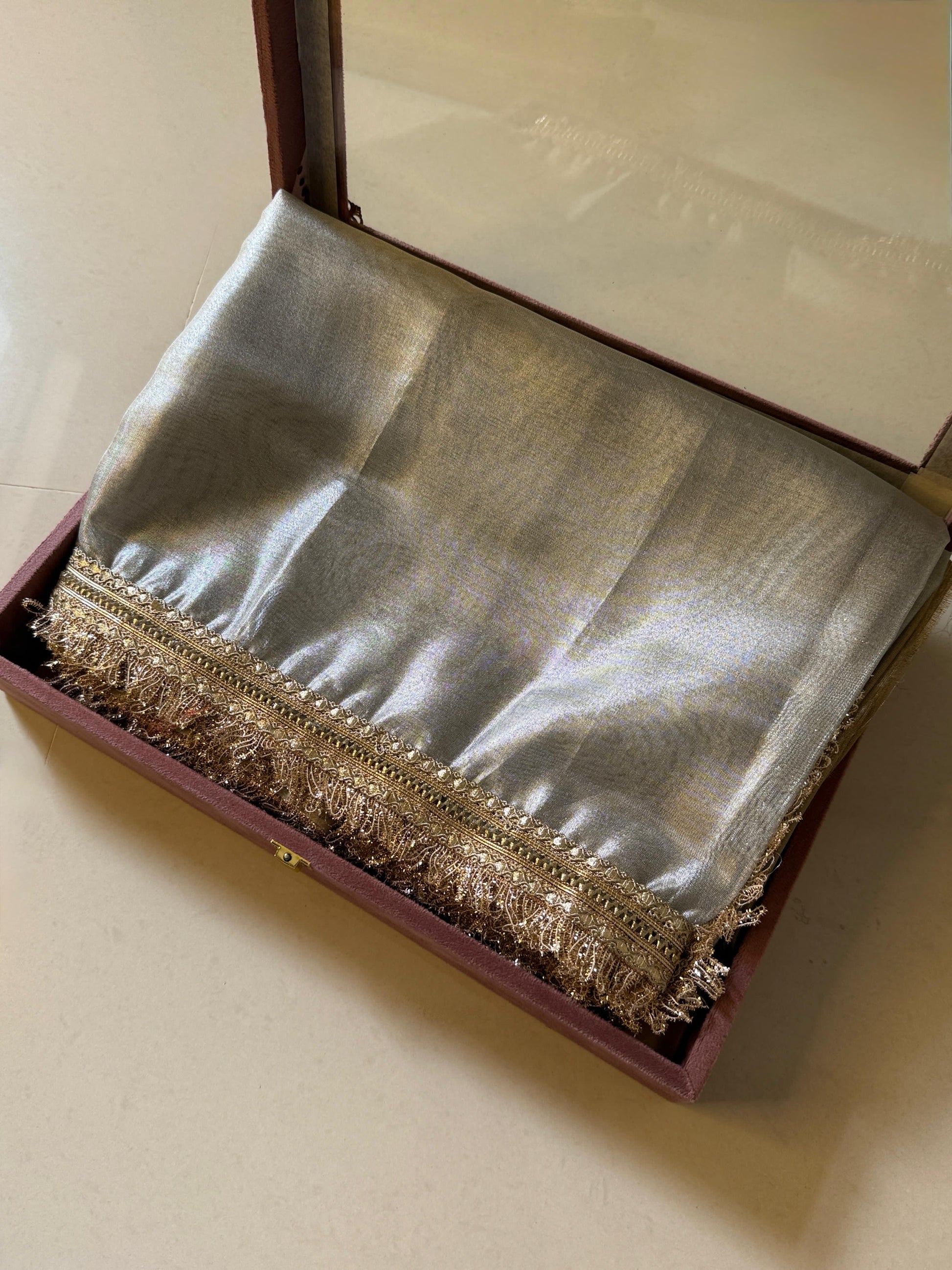 Two Tone Metallic Banarasi Tissue Soft Silk Saree with Gotapatti + Uljhan lace work