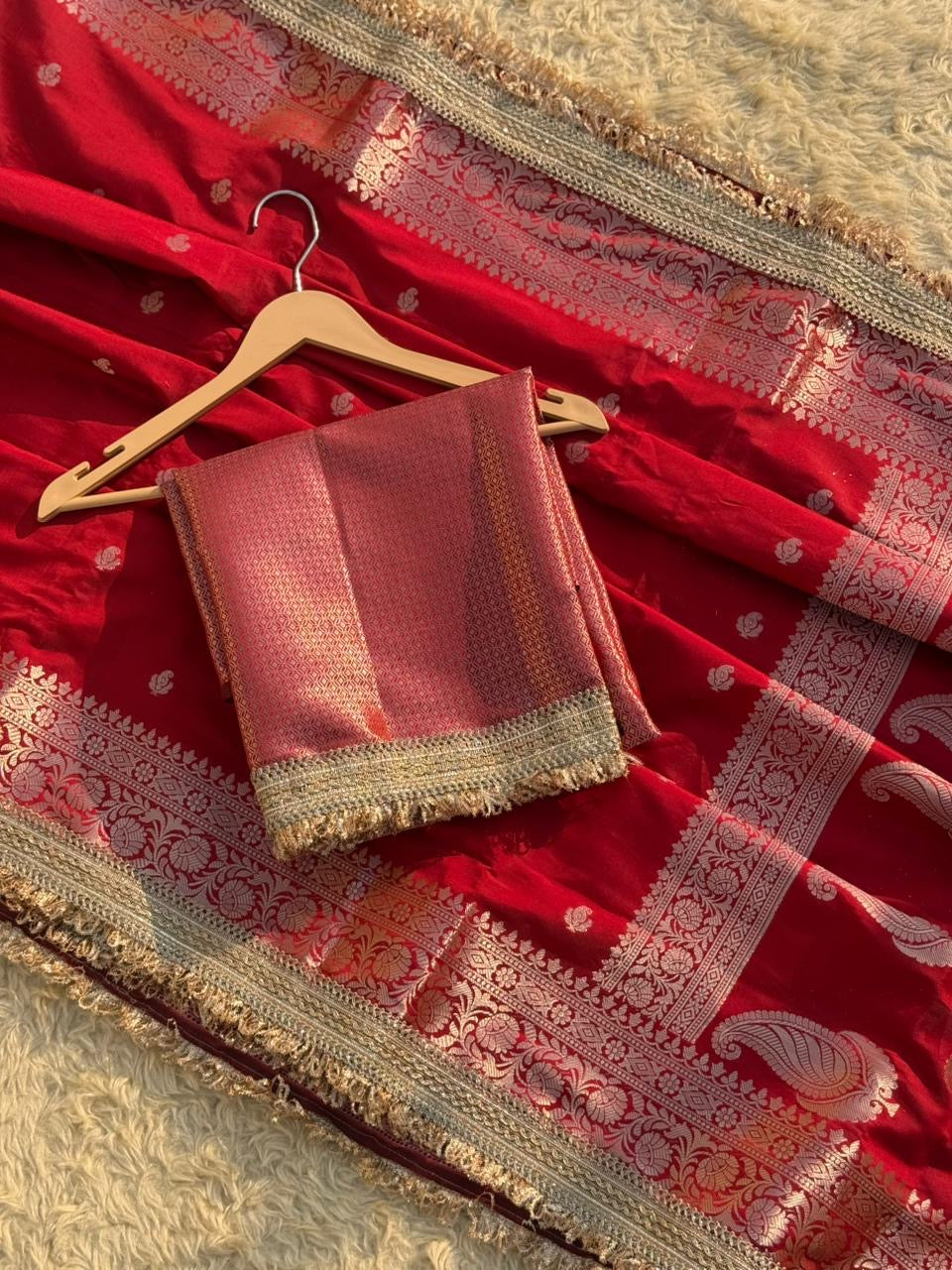 Soft Silk Saree In Red with Lace Work