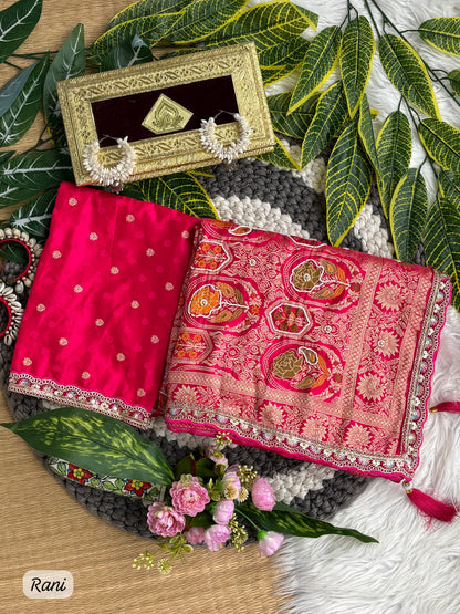 Pure Sartin saree with weaving &nbsp;jaquard nd mina work