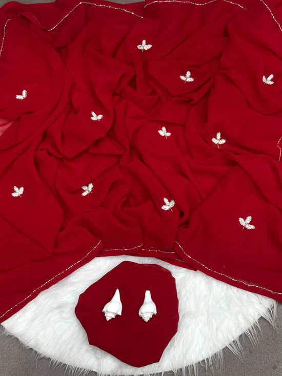 SOFT GEORGETTE DINNER SAREE WITH HANDWORK CUT DANA LEAF WITH SILVER CUT DANA HANDWORK