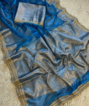 Bridal Tissue Saree with Designer Pearl and Mirror Lace Work Jhalar Lace on Pallu