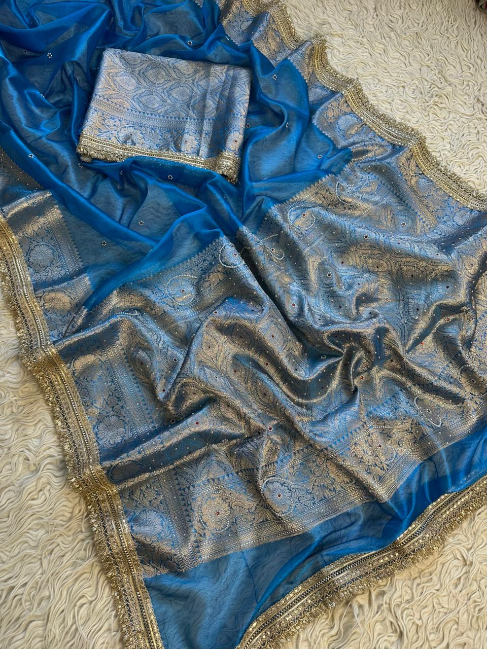 Bridal Tissue Saree with Designer Pearl and Mirror Lace Work Jhalar Lace on Pallu