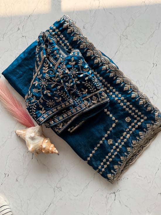 Premium Fandy satin saree with heavy sequence and zari work