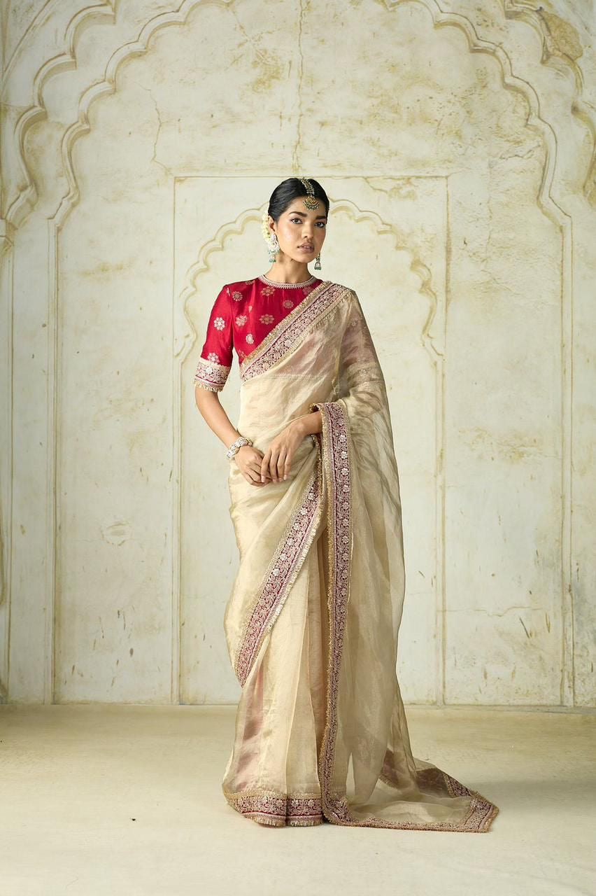 Premium plain tissue sabhyasachi silk saree