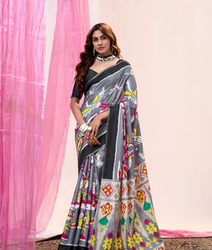 Soft Tusser With Super Ikkat Print & Zari Border*