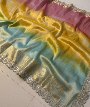 Premium 3D Multi Shade Glass Tissue Saree with Soft Mirror Lace Border