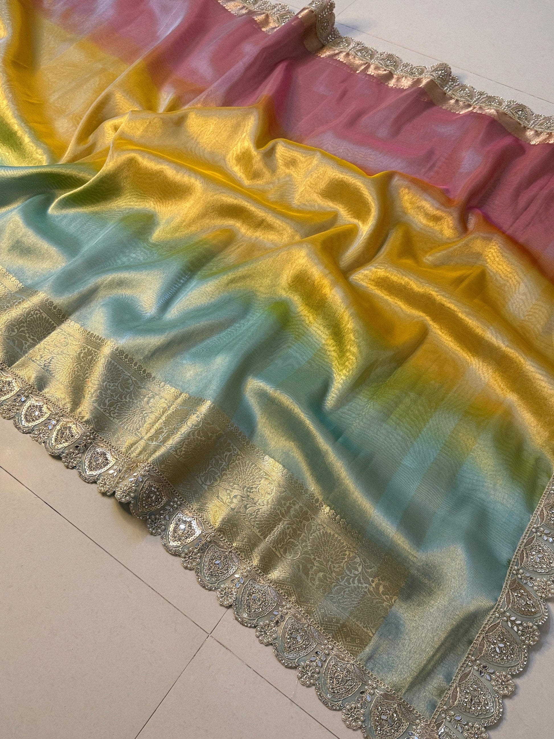Premium 3D Multi Shade Glass Tissue Saree with Soft Mirror Lace Border