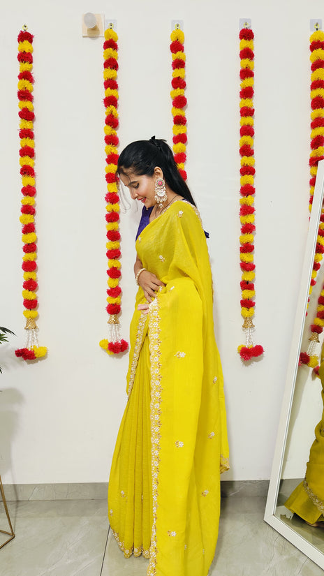 Chinnon silk Saree with Embroidery & Scalloped Border