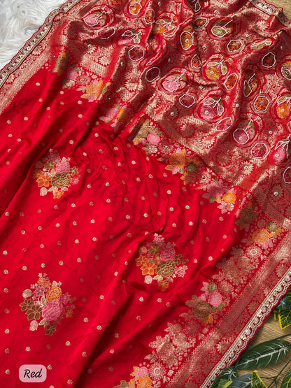 Pure Sartin saree with weaving &nbsp;jaquard nd mina work