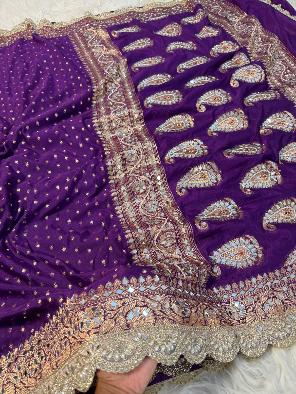 Most Demanded Handwork Banarasi Semi khaddi Katan Georgette Soft Silk Saree With lace &amp; &nbsp;Mirror moti work