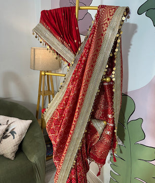 Red Designer Georgette Katan Silk Saree with Gota Patti and Coin lace