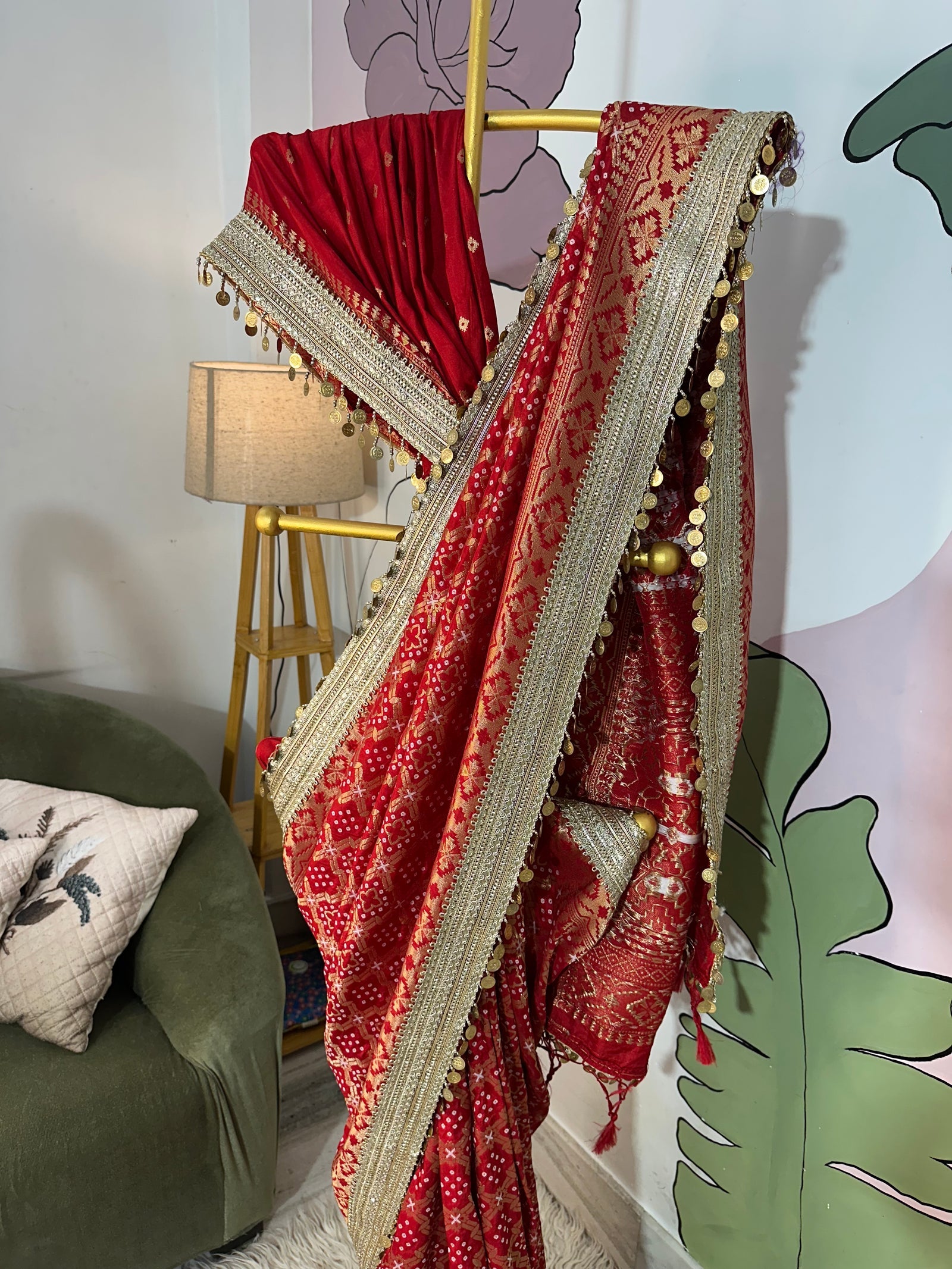 Red Designer Georgette Katan Silk Saree with Gota Patti and Coin lace