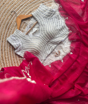 Crush Slik Sari With Stiched Blouse Fully Handwork Include Pearl