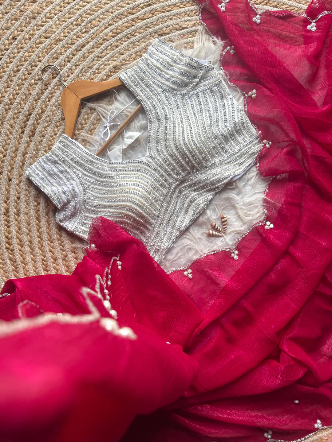 Crush Slik Sari With Stiched Blouse Fully Handwork Include Pearl