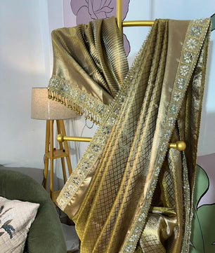 Bridal Kanjeevaram Brocade Tissue Saree with Designer Pearl and Mirror Lace Work Jhalar Lace on Pallu