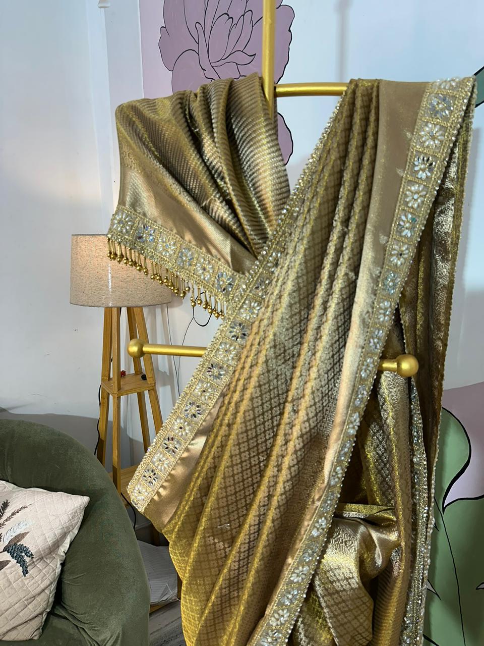 Bridal Kanjeevaram Brocade Tissue Saree with Designer Pearl and Mirror Lace Work Jhalar Lace on Pallu