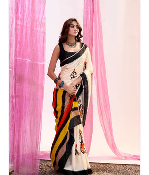 Soft Tusser With Super Ikkat Print & Zari Border*