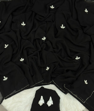 SOFT GEORGETTE DINNER SAREE WITH HANDWORK CUT DANA LEAF WITH SILVER CUT DANA HANDWORK