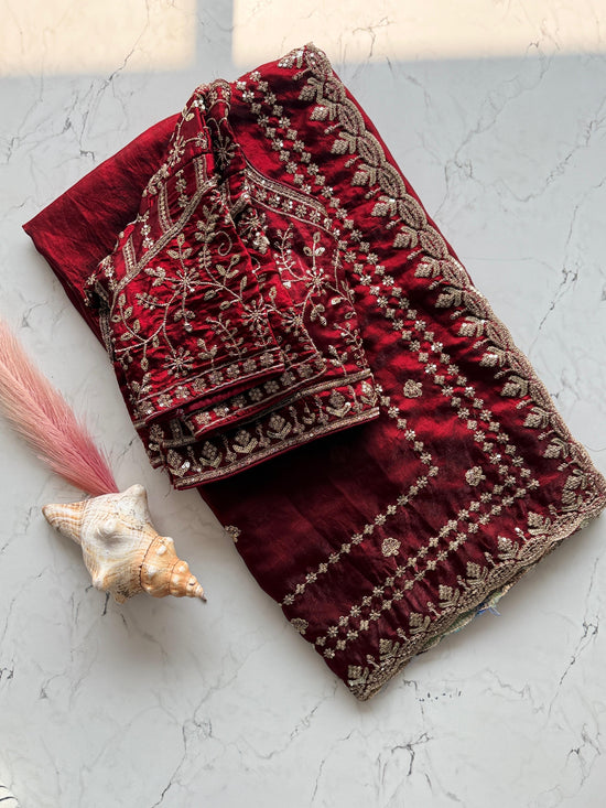 Premium Fandy satin saree with heavy sequence and zari work