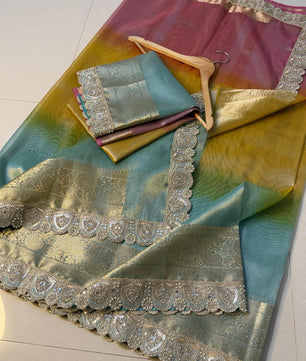 Premium 3D Multi Shade Glass Tissue Saree with Soft Mirror Lace Border