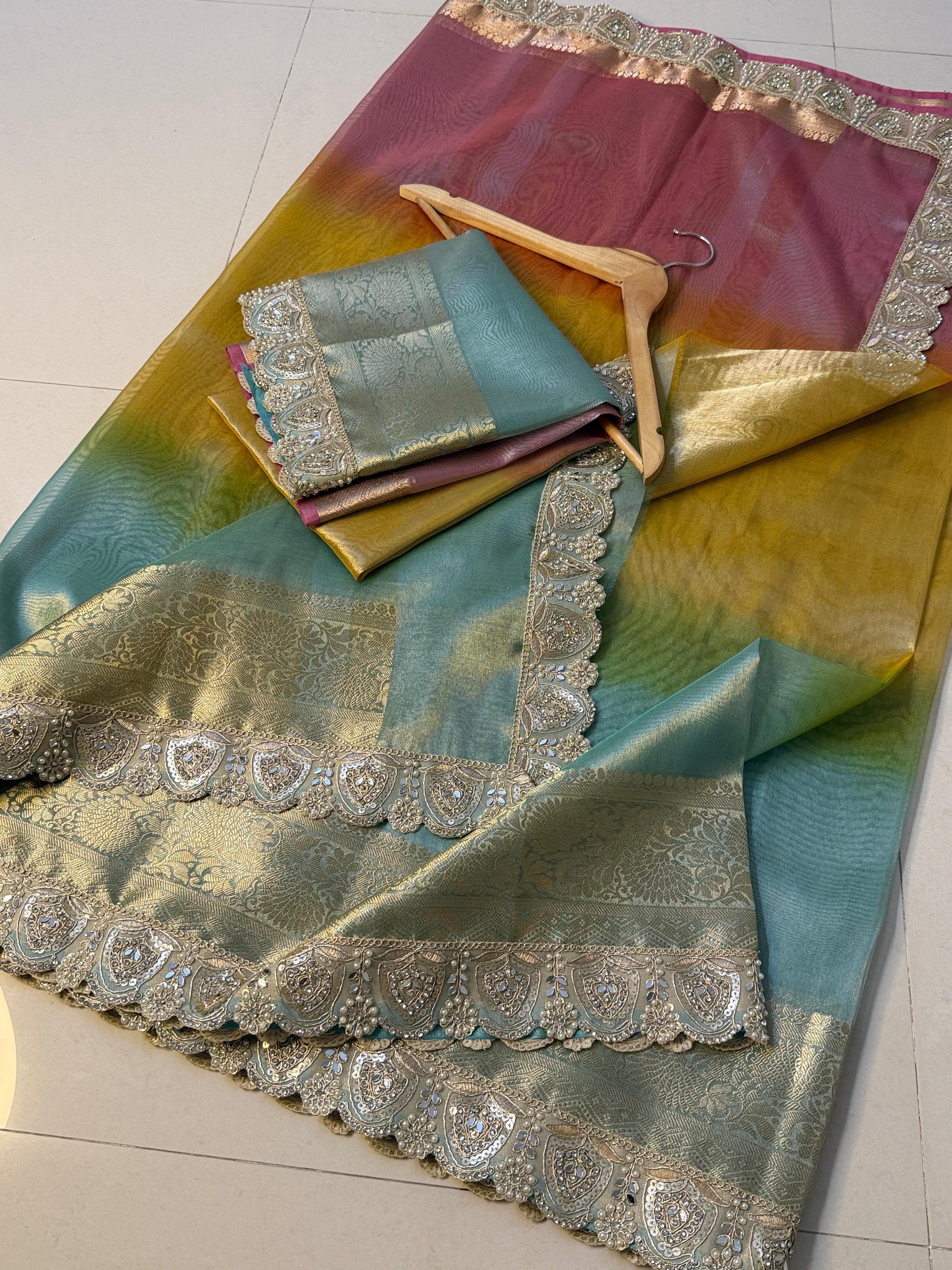 Premium 3D Multi Shade Glass Tissue Saree with Soft Mirror Lace Border