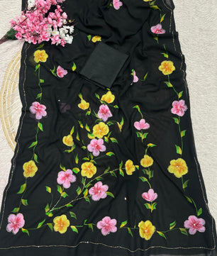 Beautiful brush print in whole saree with cut dena work